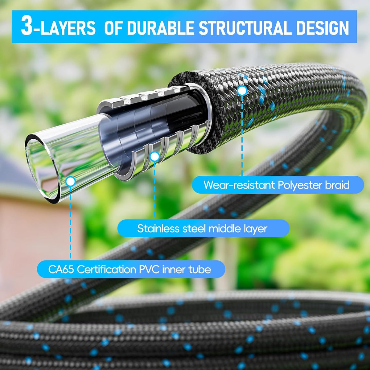 SPECILITE Garden Hose 75ft, 3-Layer Flexible Water Hose with 8 Pattern Spray Nozzle, Non-Expanding