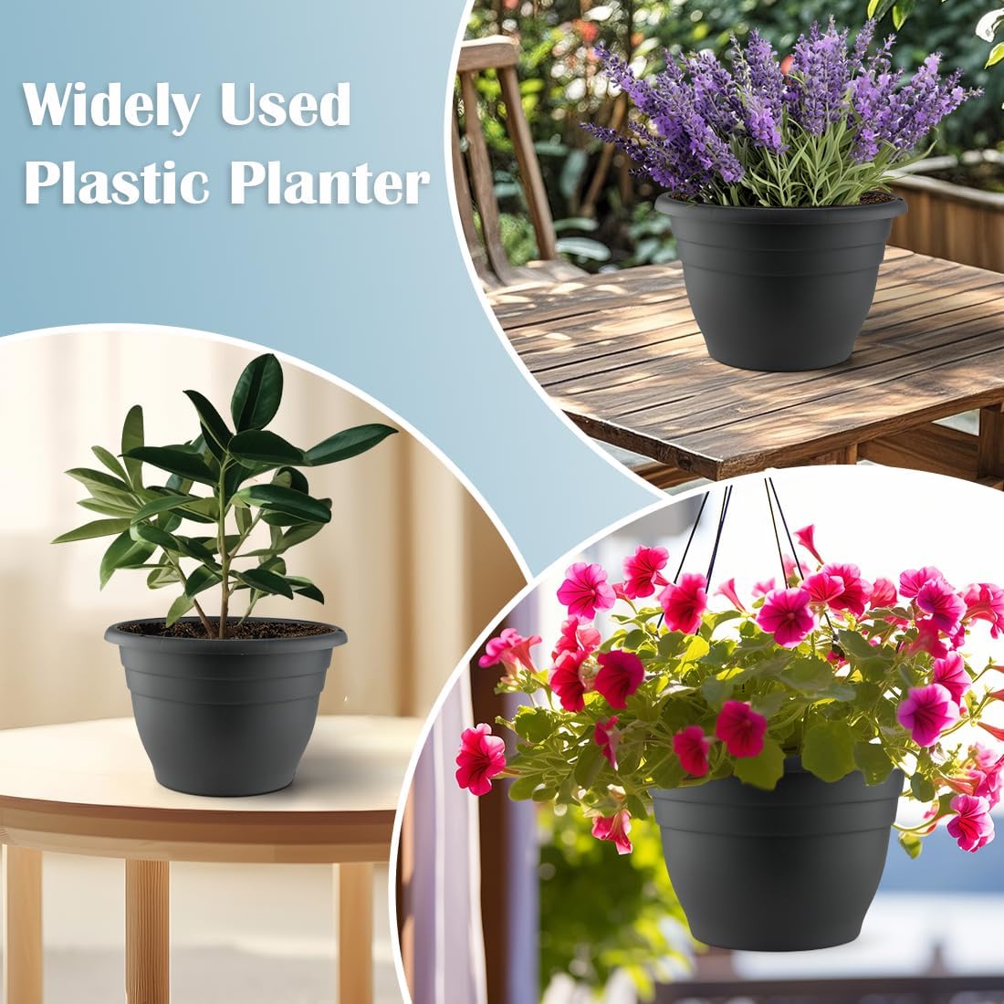3 Pack 11 Inch Plant Pots with Drainage Hole and Plug, Durable Plastic Flower Pots for Indoor &
