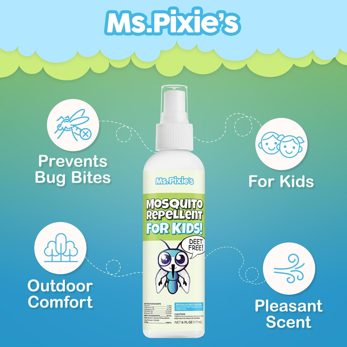 Ms. Pixie's Mosquito Repellent for Kids, DEET-Free Gentle Bug Spray for Children’s Skin & Outdoor