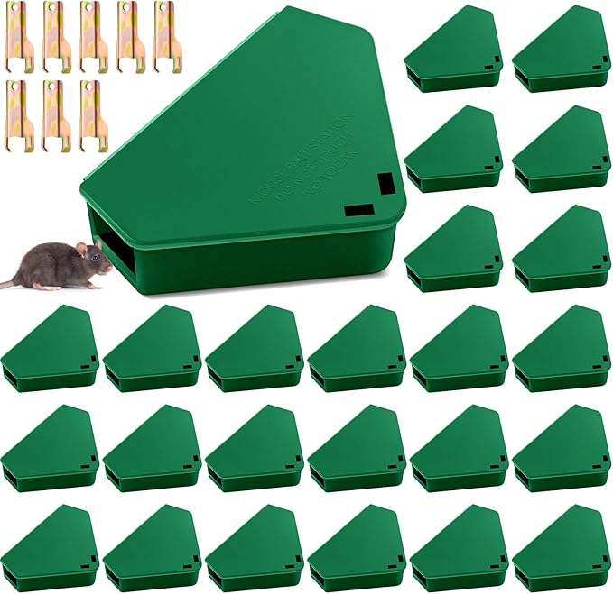 Qualirey 24 Pcs Mice Station with Key Triangle Bait Station Reusable Rodent Trap Bait Box, Keeps