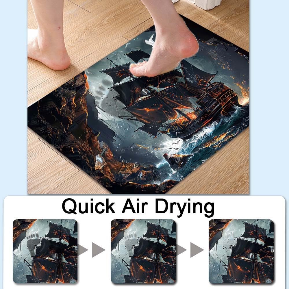 Bath Mat-Bathroom Rug，Dark Pirate Ship-Absorbent Non Slip Quick Dry Stain Resistant Easy to Clean
