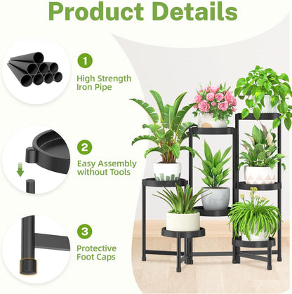 iDavosic.ly 7 Tier Folding Plant Stand Indoor Outdoor with Plastic Tray, Tiered Corner Flower