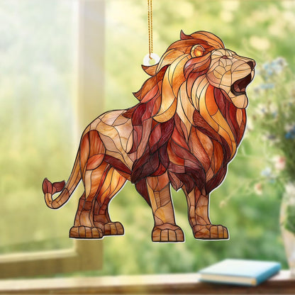 Lion Stained Glass Ornament Acrylic Window Hanging Sun Catcher – Wildlife Animal Decor for
