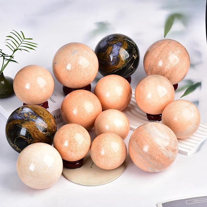 JIC Gem Natural Sunstone Sphere Ball with Wooden Stand for Fengshui Rare Healing Crystal Ball
