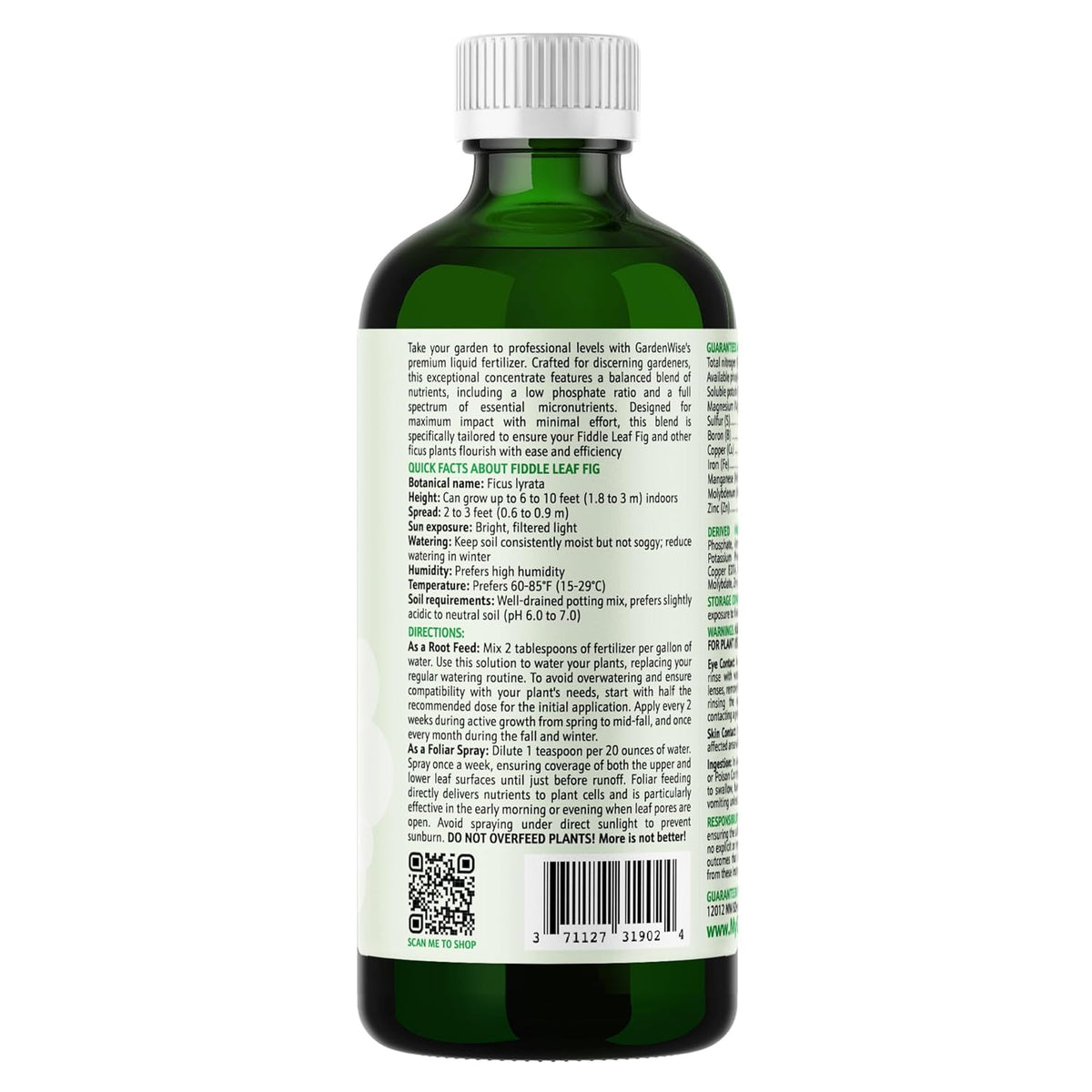 3-1-2 Liquid Fertilizer Concentrate with Micronutrients - Optimal Fiddle Leaf Fig Plant Food, Ideal
