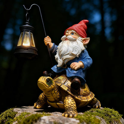 Garden Gnome Statue Riding Turtle - Garden Gnomes Decorations with Solar LED Lights, 7.9" Outdoor