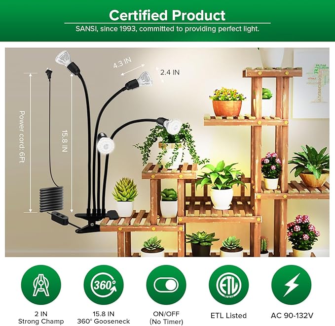 SANSI LED Grow Lights for Indoor Plants, 600W Full Spectrum Gooseneck Clamp Grow Lamp, 40W Power