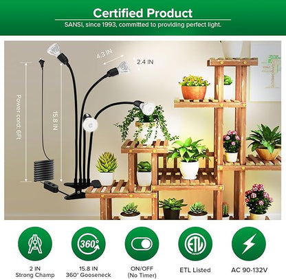 SANSI LED Grow Lights for Indoor Plants, 600W Full Spectrum Gooseneck Clamp Grow Lamp, 40W Power