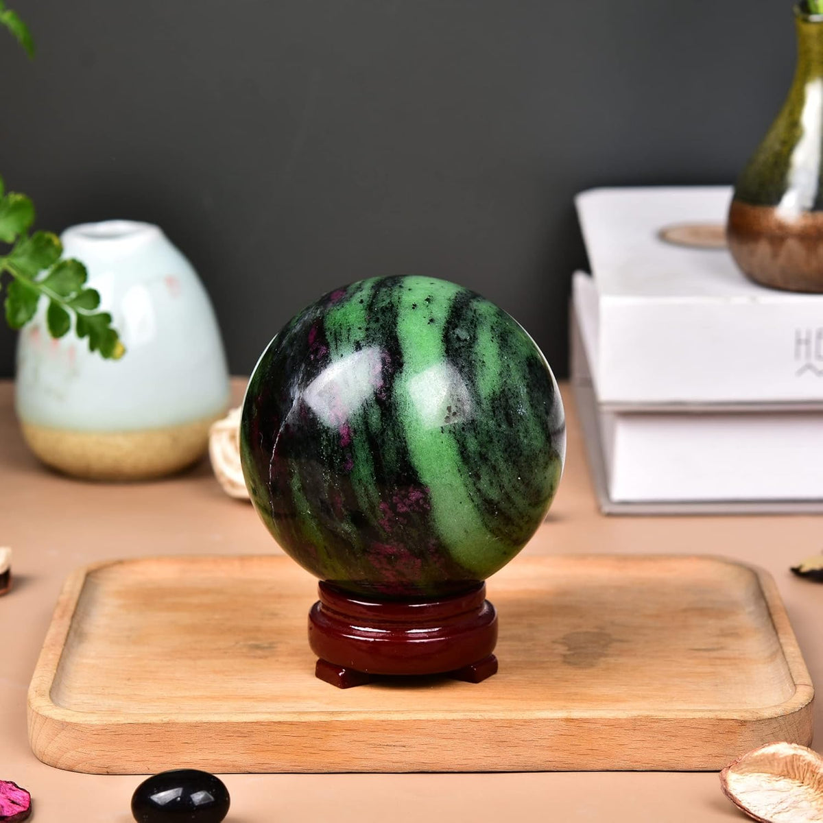 JIC Gem Natural Quartz Crystal Ball Ruby Zoisite Gemstone Sphere with Decoative Stand Red&Green