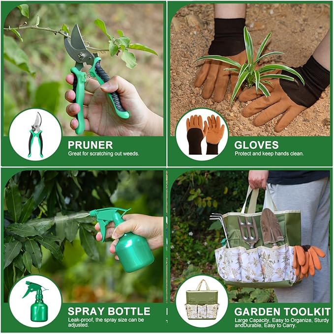 9-Piece Premium Gardening Tool Set for Women - Heavy Duty Stainless Steel Rust-Proof Tools with