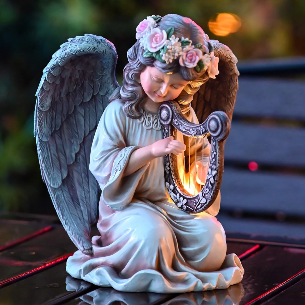 Solar Garden Outdoor Statues Lights, Resin Angel Figurine Light for Patio, Balcony, Yard, Lawn