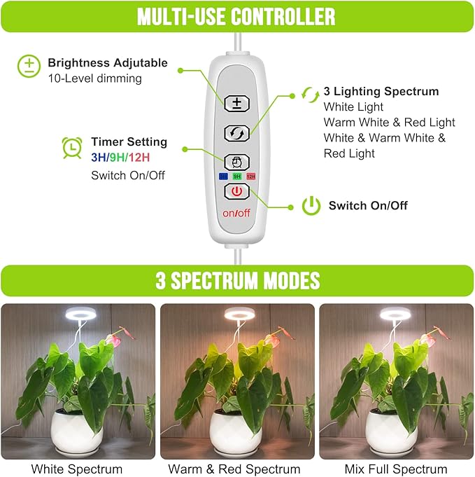 Grow Lights for Indoor Plants, Full Spectrum Halo Growing lamp with Detachable Base, Height