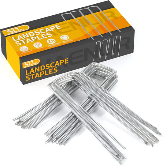WAENLIR 6 inch 50 Pack Landscape Staples Galvanized Garden Stakes, Metal Landscape Fabric pins