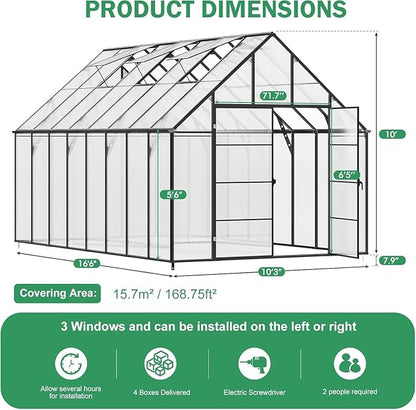 CDCASA 16.5x10.2x10 FT Greenhouse for Outdoors,Easy Assembly Large Polycarbonate Greenhouse