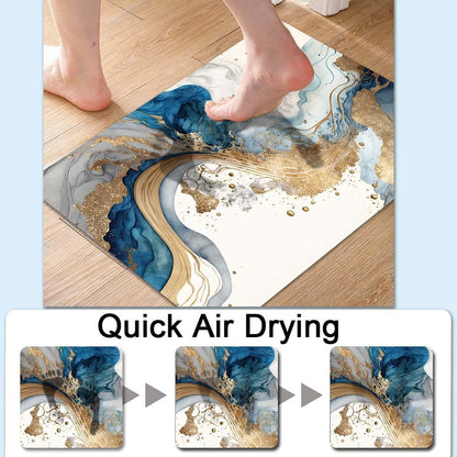 Bath Mat-Bathroom Rug，Natural Blue and Gold Marble-Absorbent Non Slip Quick Dry Stain Resistant