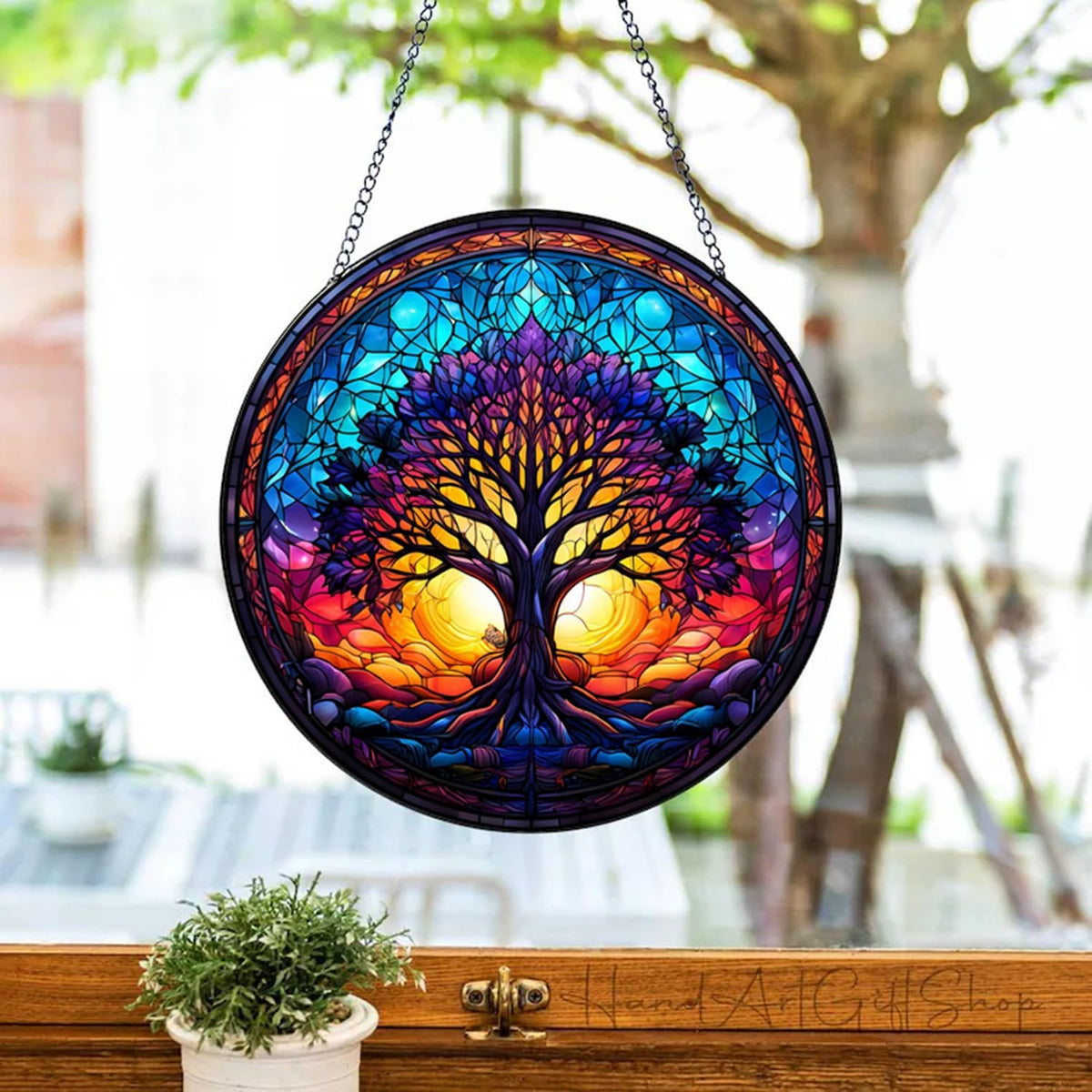 Tree of Life Suncatcher -7.9 in Stained Glass Window Hanging Catcher Garden Decor
