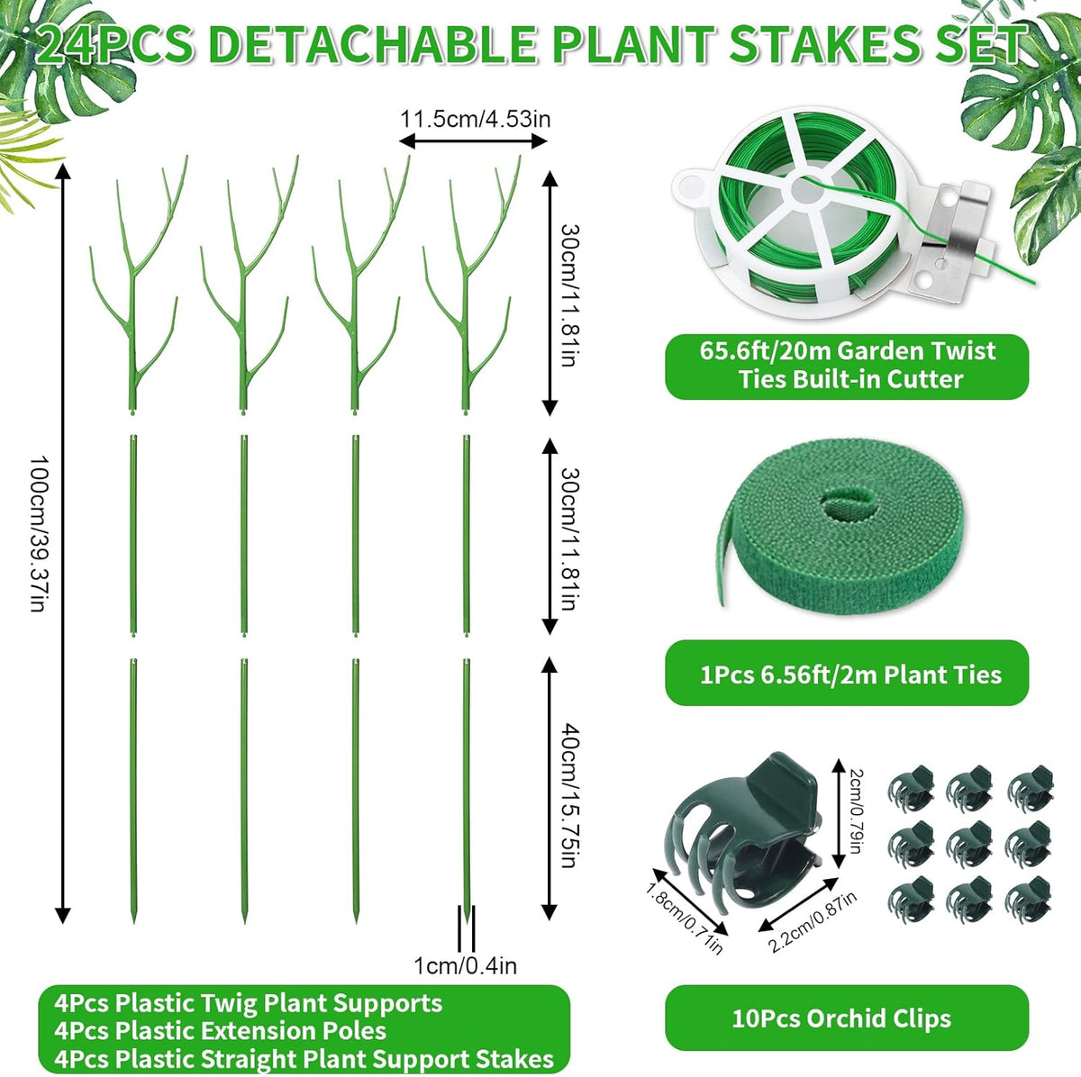 4 Pack 39.37" Detachable Twig Plant Support Stakes Set, Blends in to Plant, Branch Plant Sticks