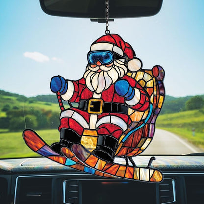 Funny Santa Claus Skiing Acrylic Suncatcher Stained Glass Effect Window Car Hanging Christmas