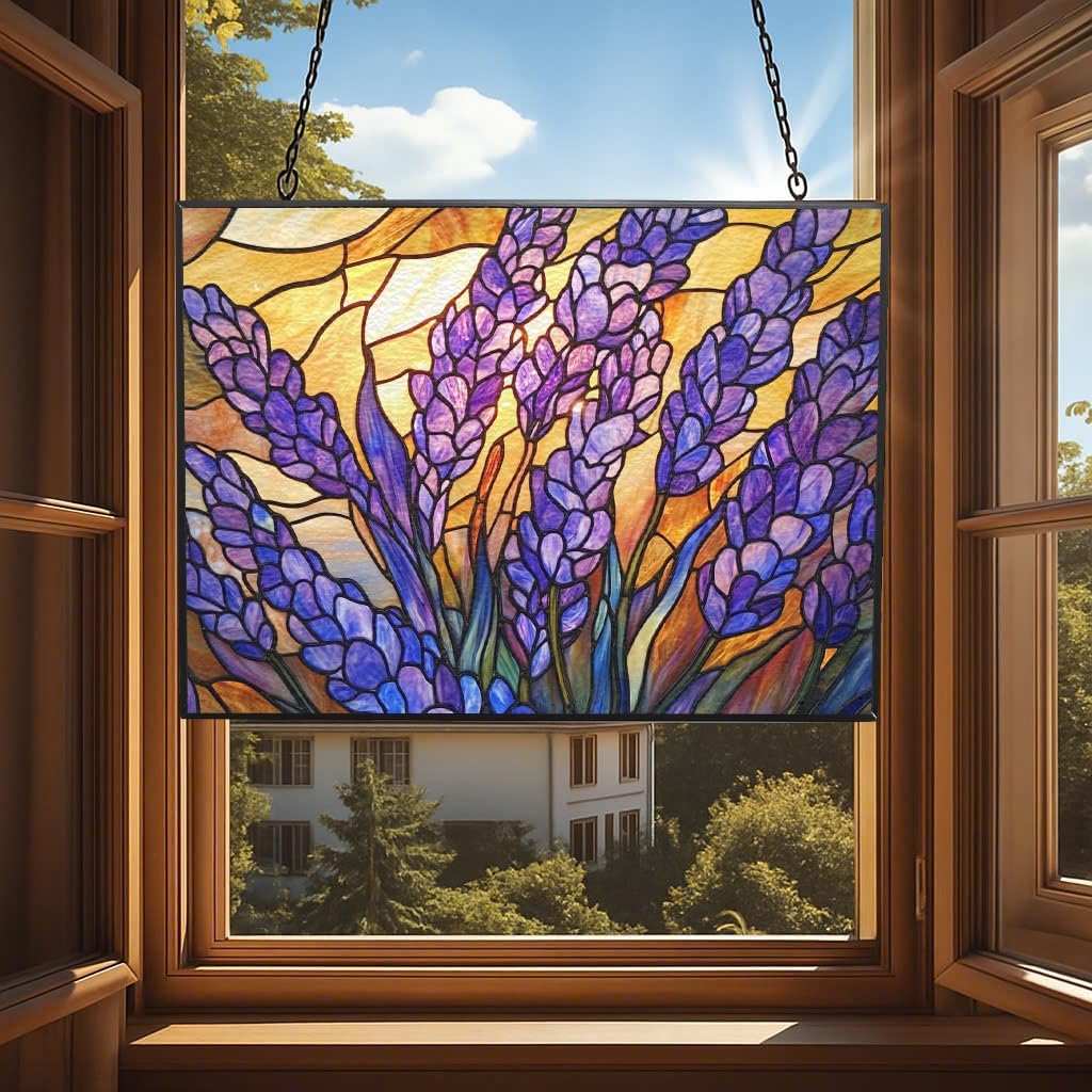 Rectangle Art Nouveau Morning Lavender Stained Glass Suncatcher Window Hangings, Suncatchers