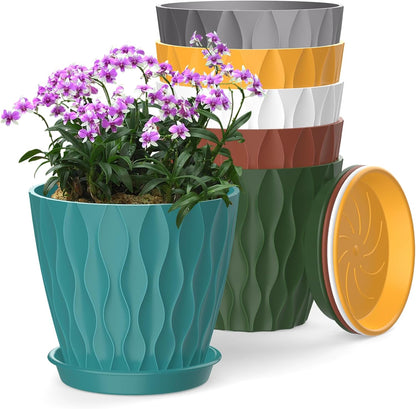 6 Inch Plant Pots, 6 Pack Indoor Flower Pots, Planters with Drainage Holes and Trays for Orchids
