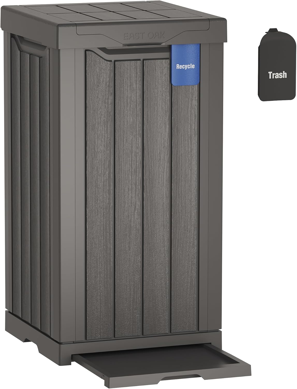 EAST OAK 31 Gallon Outdoor Trash Can | Waterproof Resin Garbage Can with Recycle and Garbage Labels