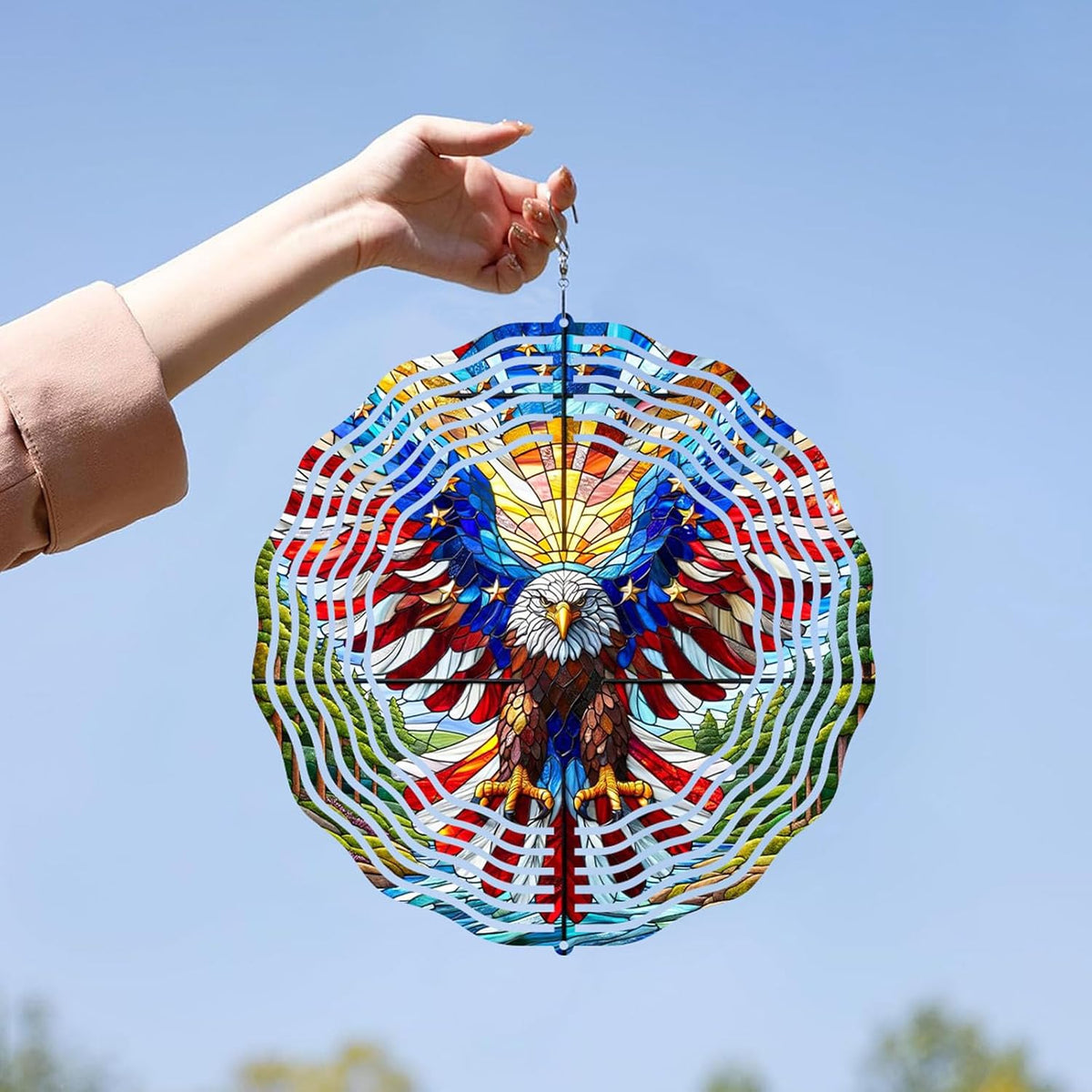 10 Inch 3D Flag Eagle Wind Spinner, Unique Metal Hanging Kinetic Wind Sculpture Gifts for Women Mom