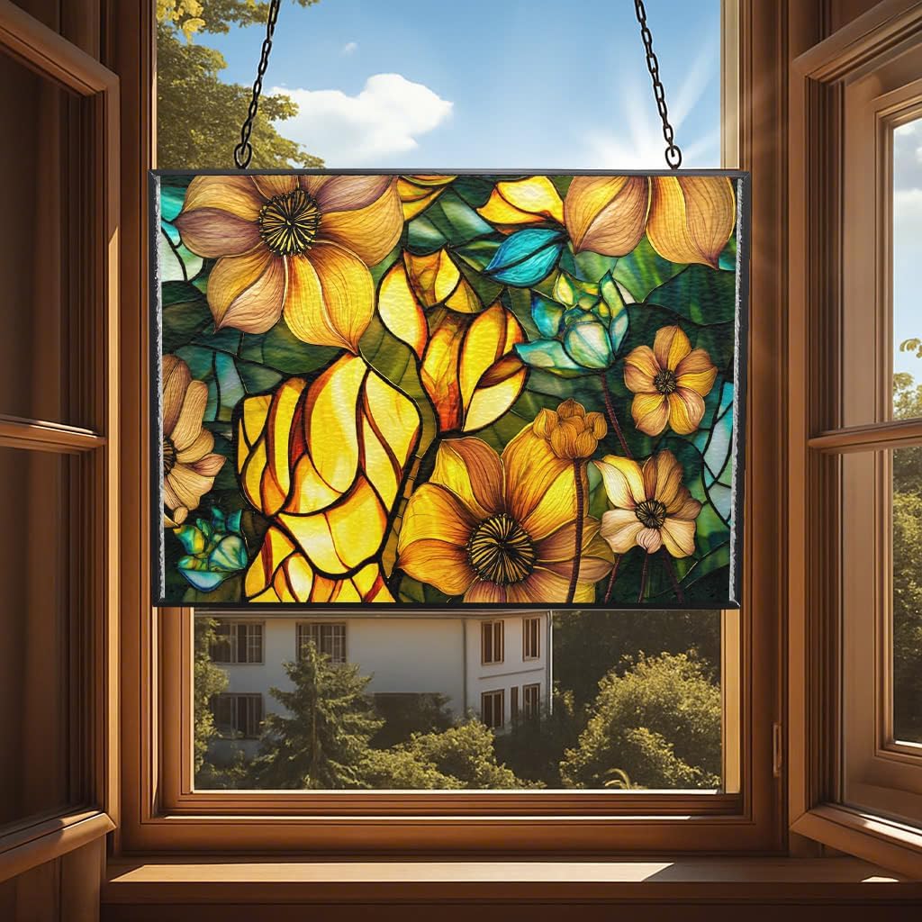 Rectangle Sun Lotus Stained Glass Suncatcher Window Hangings, Suncatchers Colorful Glass Panel Sun