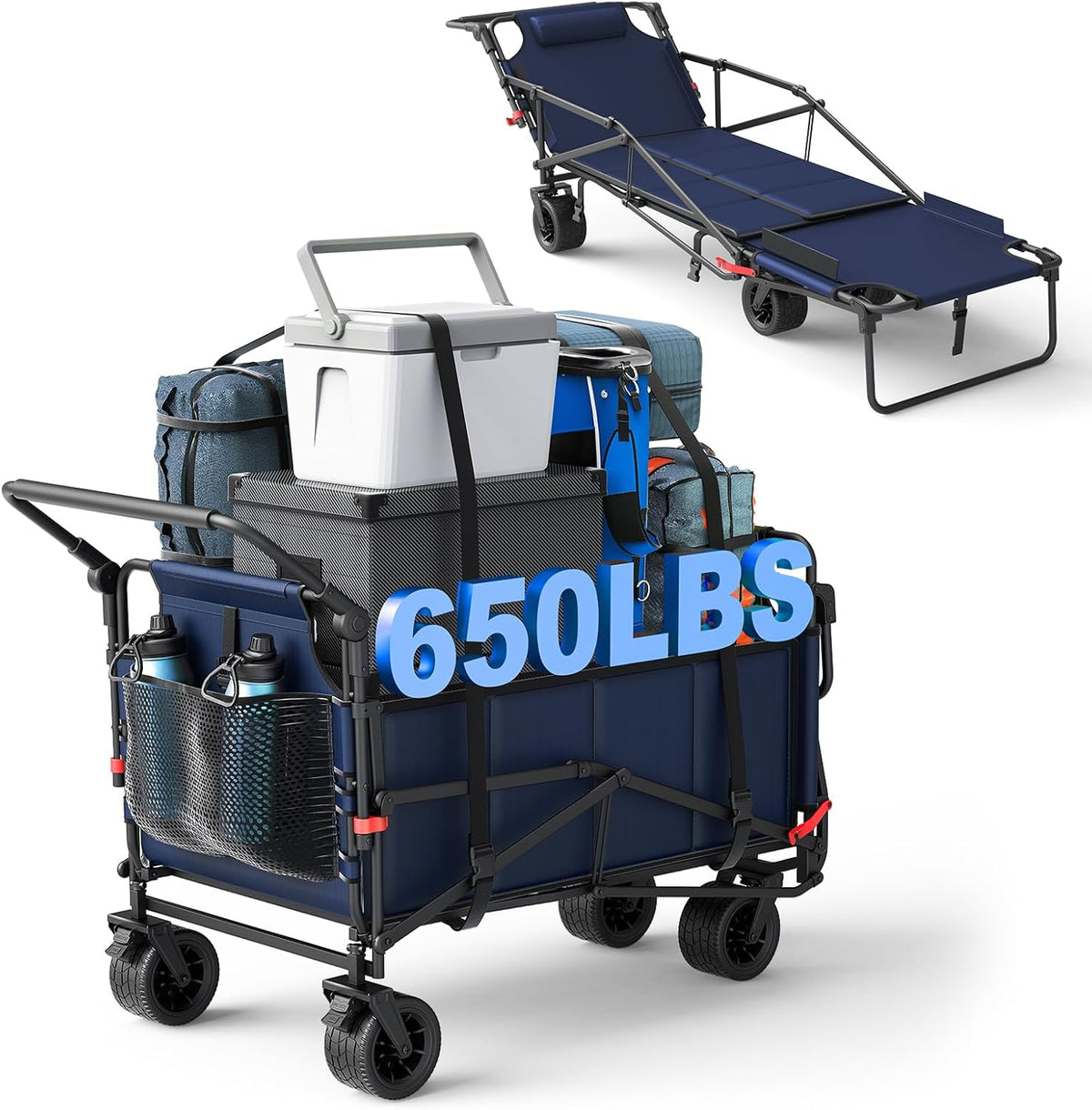 LEVELEVE Heavy Duty Folding Wagon - 2-in-1 Collapsible Cart, 650lb Capacity, All-Terrain Wheels
