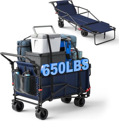 LEVELEVE Heavy Duty Folding Wagon - 2-in-1 Collapsible Cart, 650lb Capacity, All-Terrain Wheels