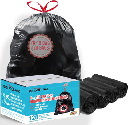 8-10 Gallon Trash Bags Drawstring, 120 Count Bulk, Black & Unscented Multi-purpose Garbage Bags for
