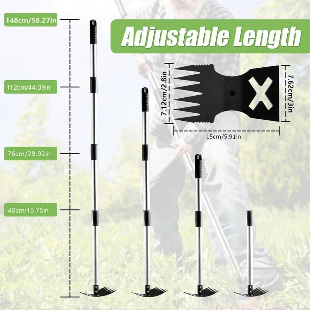 Hoe Garden Tool, 58" Weed Puller Tool with Long Handle, 2 in 1 Hand Weed Rake and Hoe Garden Weeder