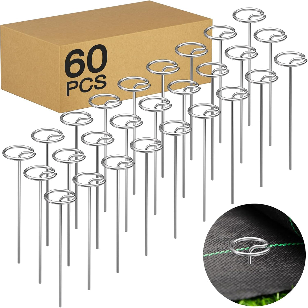 60 Pcs 6-Inch Heavy-Duty Galvanized Landscape Staples – Thickened 8 Gauge Circle Top Pins