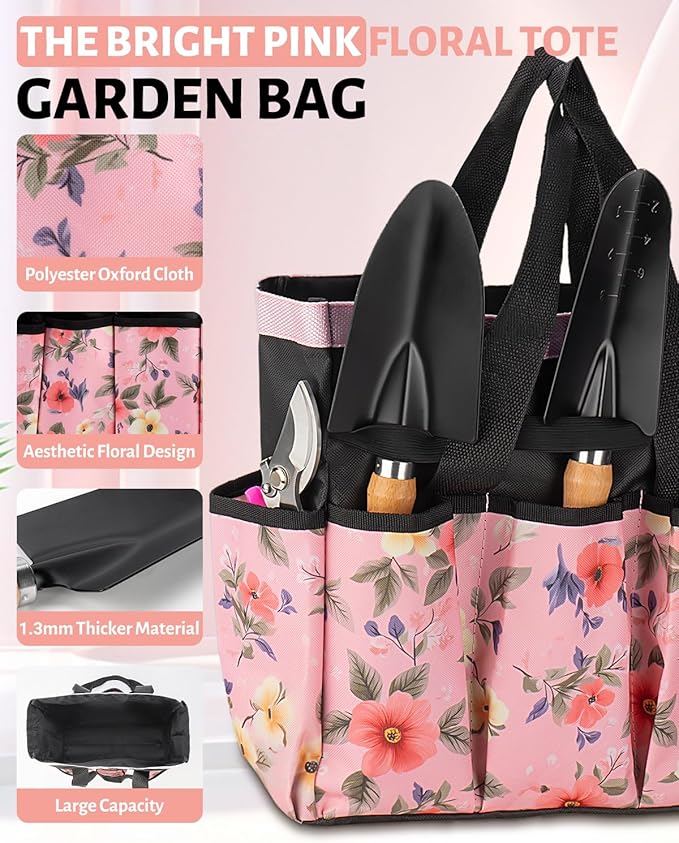 Pink Gardening Tools, Garden Tool Set for Women,5 Piece Womens Gardening Kit with Floral Garden