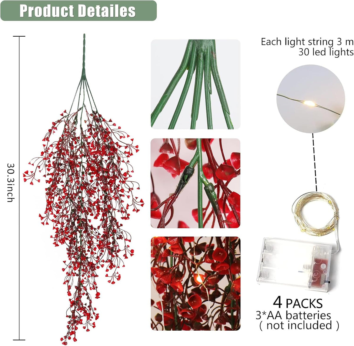 RECUTMS Artificial Hanging Fern Lighted with 30 LED Fake Hanging Ivy Vines Plastic Faux Greenery