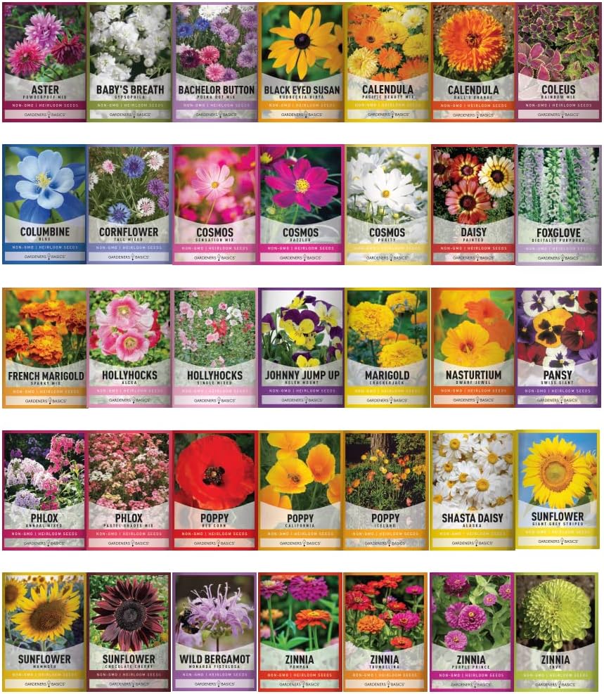 Gardeners Basics, Flower Seeds Packets for Planting 35 Individual Varieties Perennial, Annual