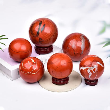 JIC Gem Red Jasper Crystal Sphere Ball Natural Quartz Crystal Sphere Ball with Wooden Stand