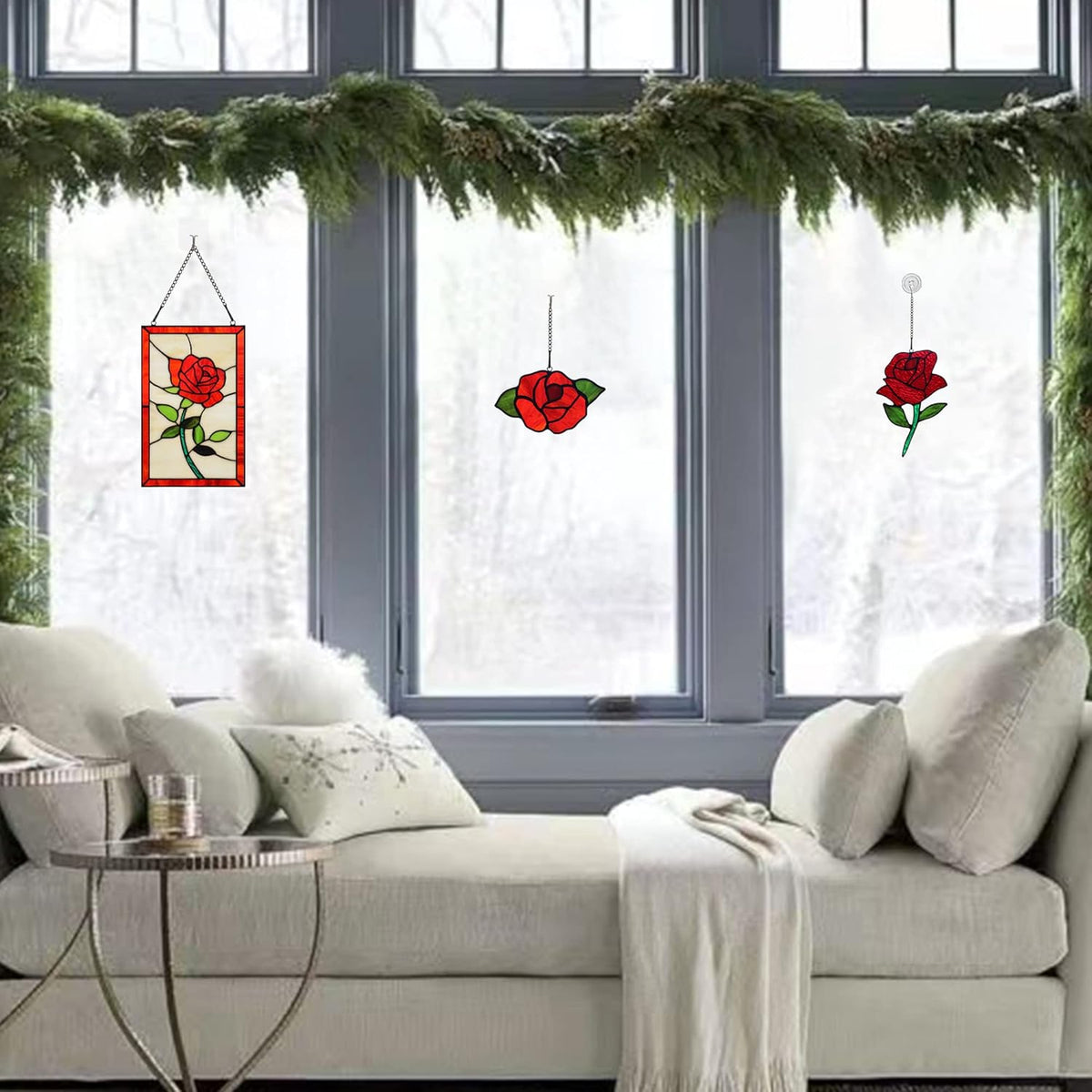 Red Rose Flower Stained Glass Window Hanging,Valentines Day Rose Gifts for Wife Girlfriend,Birthday
