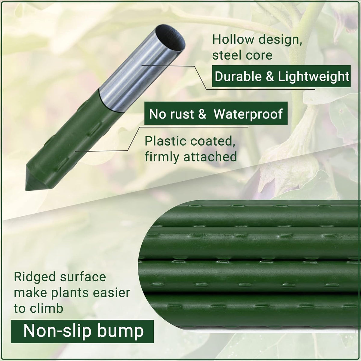 Garden Stakes 48'' Plant Sticks, 50PCS Plastic Coated Steel 4ft Plant Stakes Support for Growing