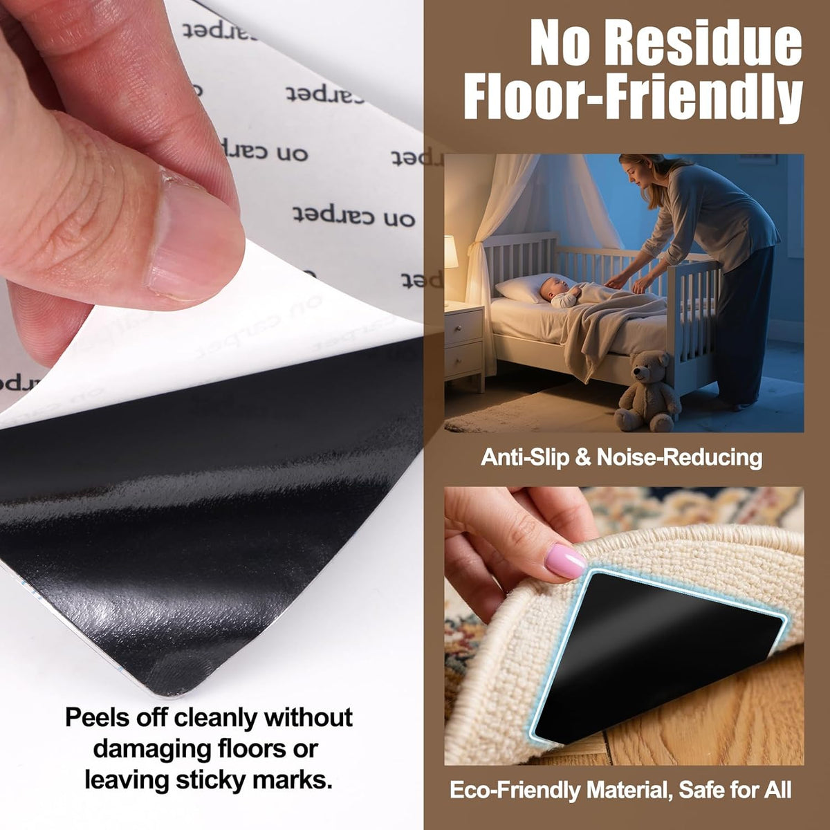 Premium Rug Grippers & Carpet Tape – 12PCS Square Anti-Slip Pads for Area Rugs, 3.9 Inch, Prevent