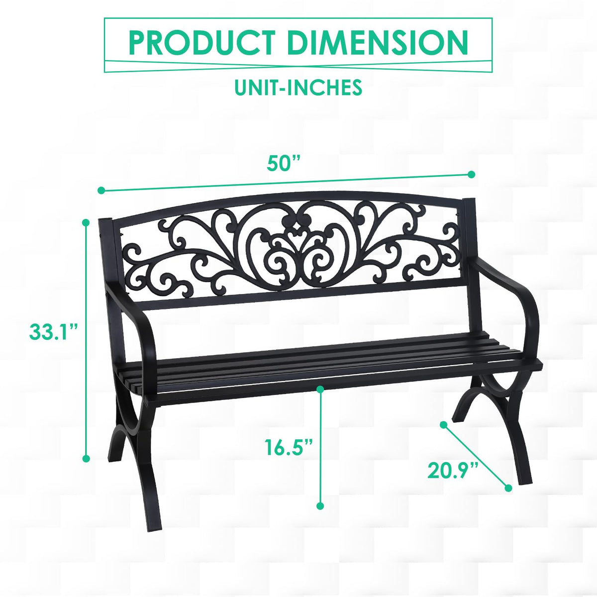 FDW | 50" Outdoor Garden Bench | Black | 485lbs Load Capacity
