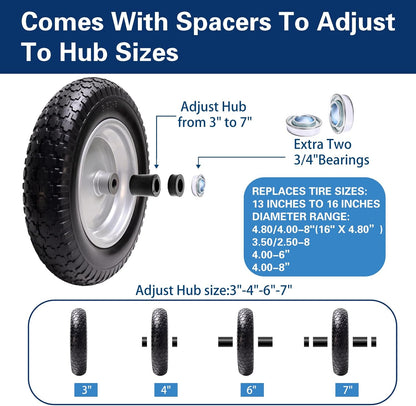 4.80/4.00-8 Tire, 14.5" Flat Free Wheelbarrow Tire and Wheel, 5/8" 3/4" Bearings Solid Replacement