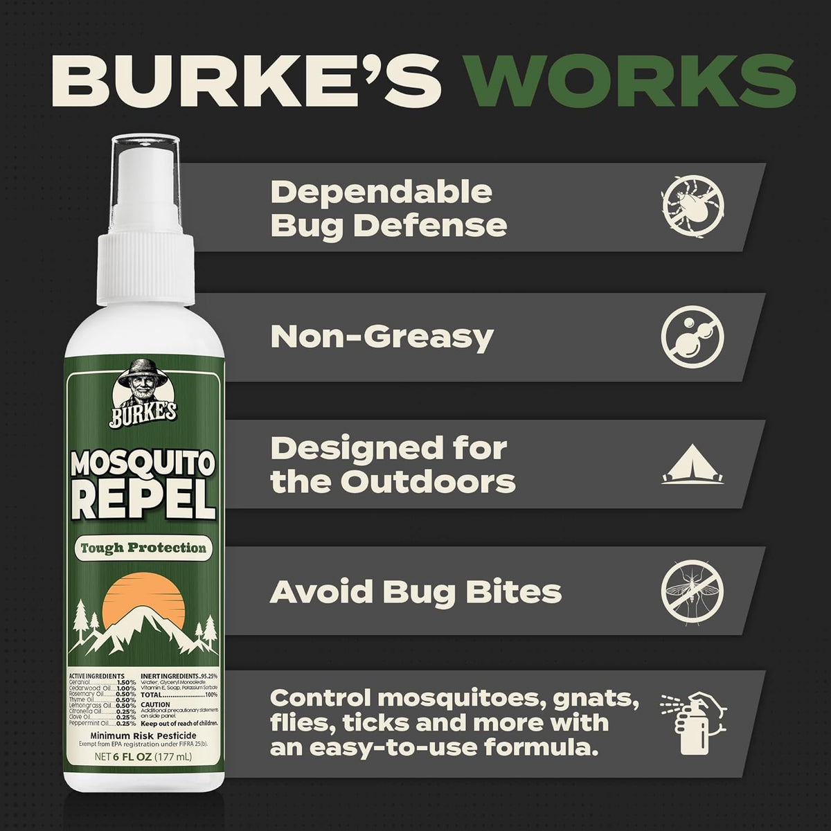 Burke's Mosquito Repel Spray, DEET-Free Mosquito Repellent for Skin & Outdoor Protection, 6 oz