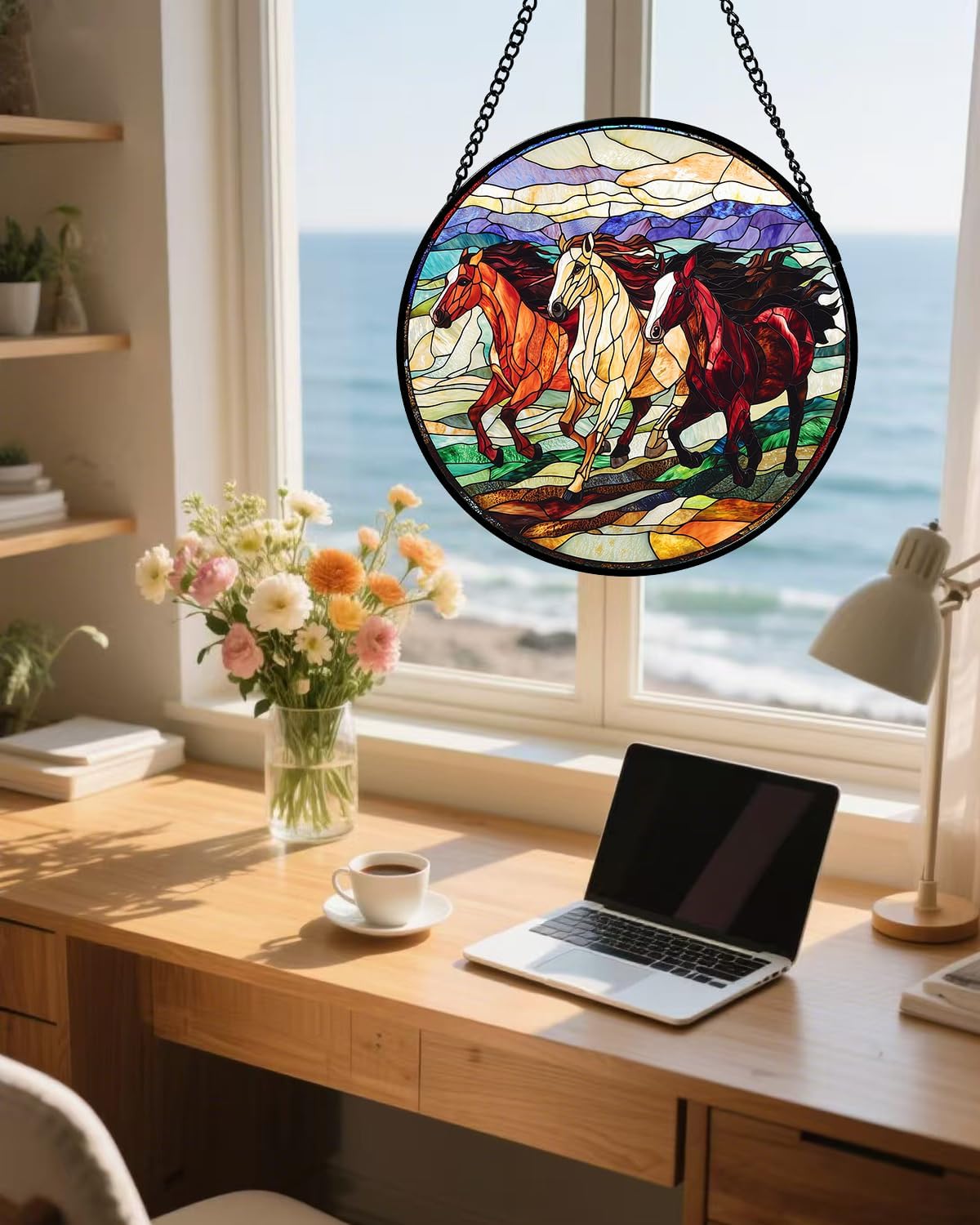 Stained Glass Window Hanging, Galloping Horses Sun Catcher for Door Home Decor Colorful Suncatcher