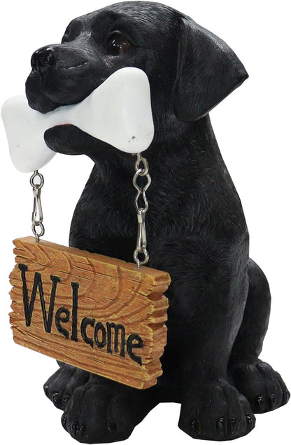 Nature's Mark Black Labrador Retriever Dog Puppy Statue with Welcome Sign Resin Garden Statue Decor