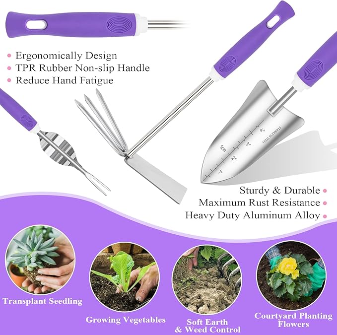 Purple Garden Tool Set Gardening Items for Women - 11PCS Heavy Duty Garden Tools with Detachable