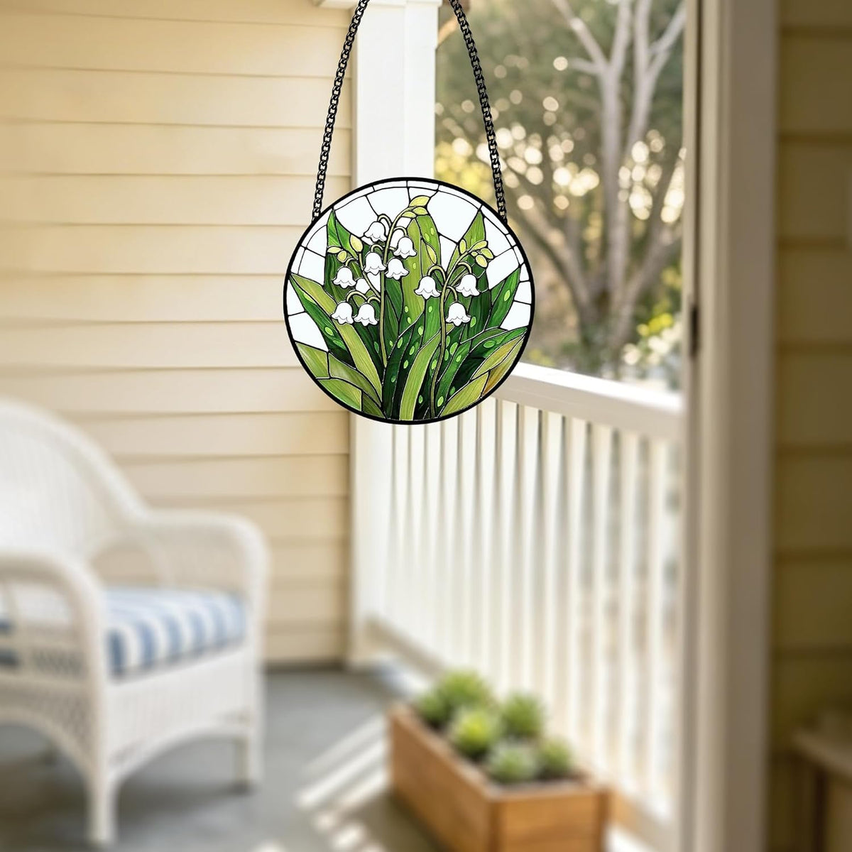 Stained Glass Lily of the Valley Suncatcher – Floral Window Hanging Decor with Chain, Green Glass