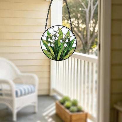 Stained Glass Lily of the Valley Suncatcher – Floral Window Hanging Decor with Chain, Green Glass