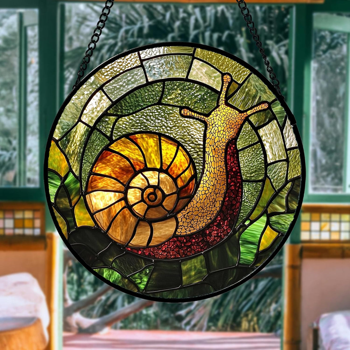 Stained Glass Window Hanging, Green Orange Snail Sun Catcher for Door Home Decor Suncatcher