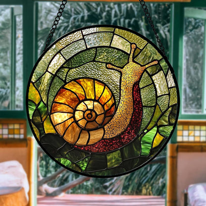 Stained Glass Window Hanging, Green Orange Snail Sun Catcher for Door Home Decor Suncatcher