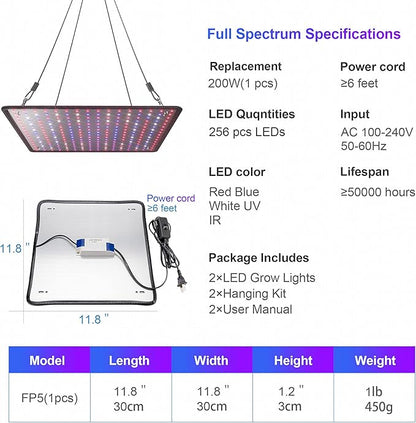 2 Pack LED Grow Light Panel 200W Lamp for Indoor Plants, Full Spectrum with White Blue Red UV IR